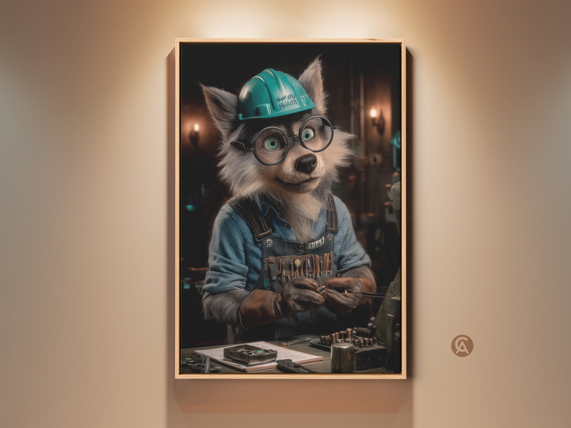 Funny wolf mechanic canvas print. This unique animal art features a wolf character in a teal hard hat. The artwork is perfect for adding humor to any man cave or workshop. It makes a great gift for mechanics and DIY enthusiasts.