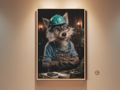 Funny wolf mechanic canvas print. This unique animal art features a wolf character in a teal hard hat. The artwork is perfect for adding humor to any man cave or workshop. It makes a great gift for mechanics and DIY enthusiasts.