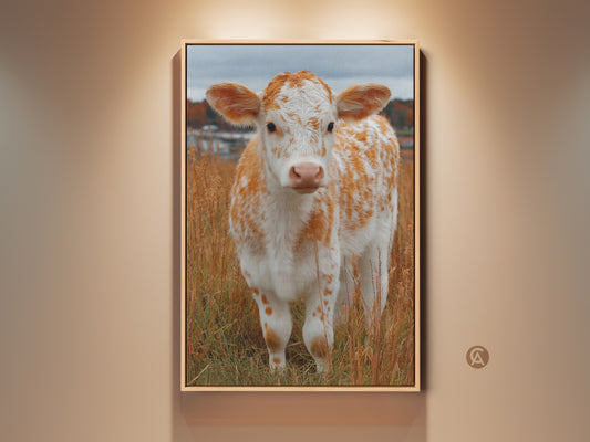Framed artwork of a cute calf standing in a field of tall grass. This animal art print is perfect for a nursery or child's room. The artwork has a thin gold frame. The calf is white with orange spots. Buy framed canvas art online today.