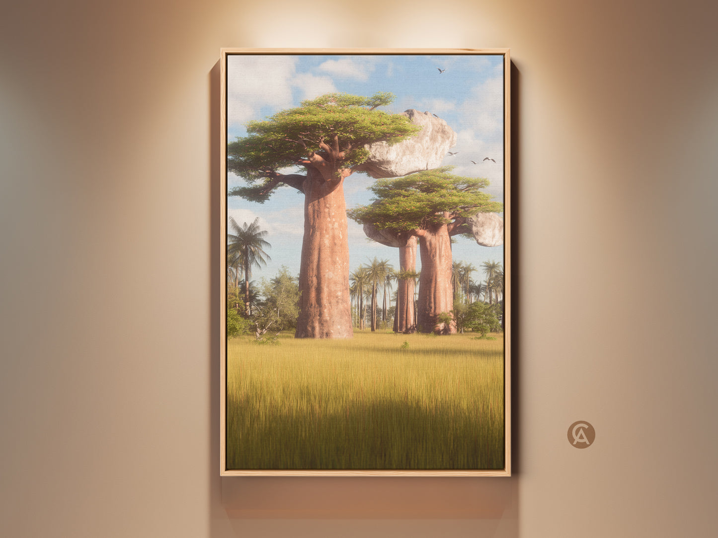Realistic Baobab Tree art print displayed in a frame. This African Savanna landscape canvas brings nature indoors. The brown frame complements the yellow and green tones of the artwork. This eclectic home decor piece makes a great travelers gift. The nature wall art enhances any living space.