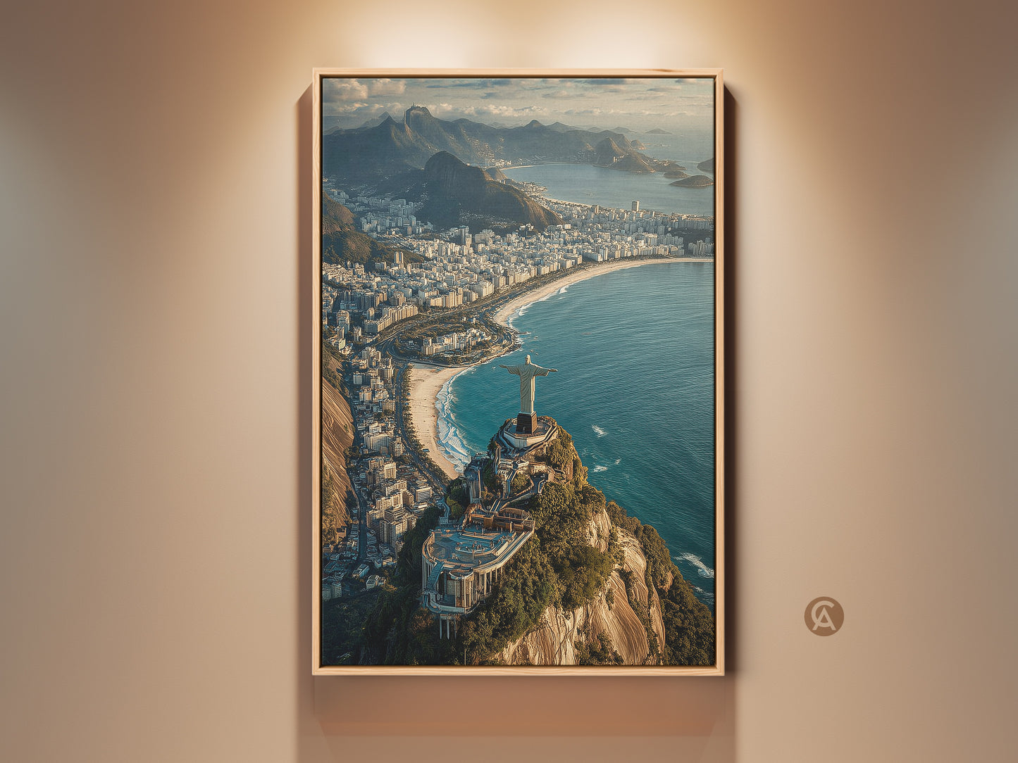 Framed aerial artwork of Christ the Redeemer in Rio de Janeiro. This canvas print features a blue green teal coastal view. A perfect travel lovers gift and contemporary home art piece. The lush landscape print captures the iconic landmark. It is ideal for adding a touch of South America to any space.