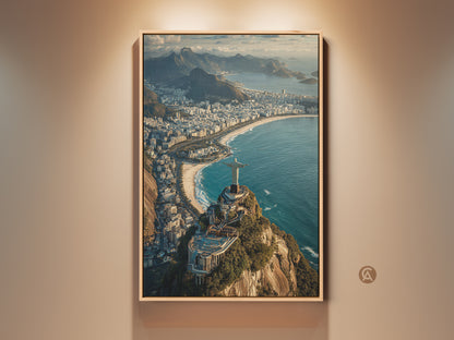 Framed aerial artwork of Christ the Redeemer in Rio de Janeiro. This canvas print features a blue green teal coastal view. A perfect travel lovers gift and contemporary home art piece. The lush landscape print captures the iconic landmark. It is ideal for adding a touch of South America to any space.