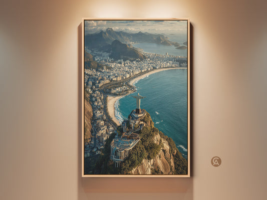 Framed aerial artwork of Christ the Redeemer in Rio de Janeiro. This canvas print features a blue green teal coastal view. A perfect travel lovers gift and contemporary home art piece. The lush landscape print captures the iconic landmark. It is ideal for adding a touch of South America to any space.