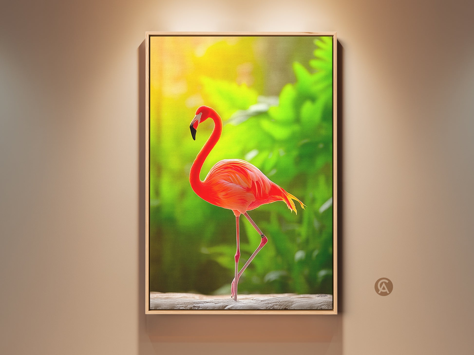 Framed tropical flamingo canvas art. This coral orange bird print adds a touch of boho wildlife to your decor. Perfect for bedroom art. An exotic gift for bird lovers. The flamingo stands tall against a green background.