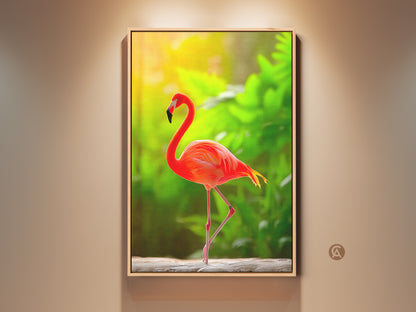 Framed tropical flamingo canvas art. This coral orange bird print adds a touch of boho wildlife to your decor. Perfect for bedroom art. An exotic gift for bird lovers. The flamingo stands tall against a green background.