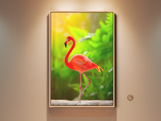 Framed tropical flamingo canvas art. This coral orange bird print adds a touch of boho wildlife to your decor. Perfect for bedroom art. An exotic gift for bird lovers. The flamingo stands tall against a green background.