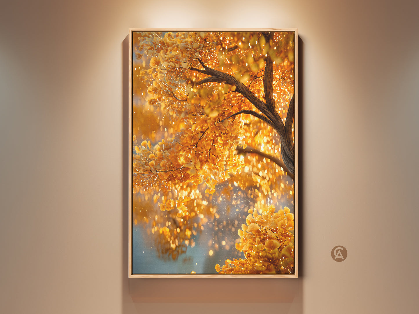 Golden tree artwork in a natural wood frame. The art features a tree with shimmering gold leaves. Light reflects off the leaves creating a warm glow. This framed canvas adds elegance to any room.