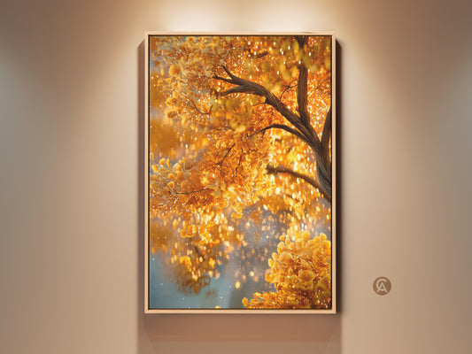 Golden tree artwork in a natural wood frame. The art features a tree with shimmering gold leaves. Light reflects off the leaves creating a warm glow. This framed canvas adds elegance to any room.