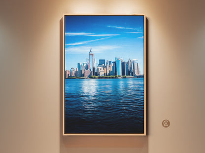 Modern blue NYC skyline art print in a wood frame. This photorealistic cityscape canvas wall art brings the urban waterfront to any room. An ideal housewarming gift showing bright architecture.