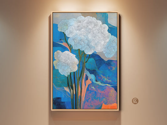 Modern abstract floral canvas print in a floating frame. The blue and orange botanical nature art adds contemporary wall decor to a living room. This floral landscape art makes a great housewarming gift art. It is nature inspired wall decor. A perfect modern art for home.
