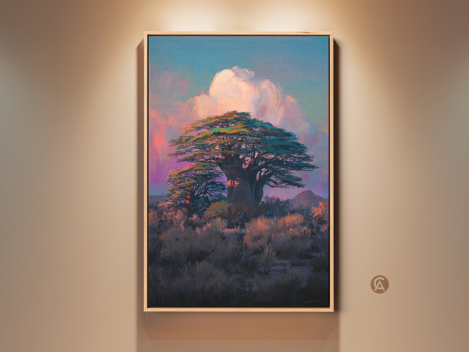 Framed Boho Baobab Tree artwork on a beige wall. Teal and pink hues create a serene savanna landscape. This Impressionist style canvas print adds wanderlust to any room. Perfect housewarming gift.
