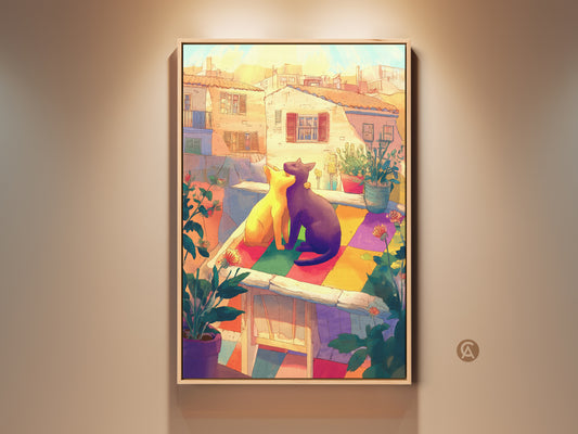 Boho cat couple art print displayed in a frame. This charming artwork features two cats on a balcony. The scene includes a colorful cityscape backdrop. The art print uses orange purple and yellow tones. It's a romantic gift and unique home decor.