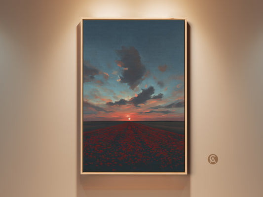 Experience the beauty of this landscape canvas print. It shows a poppy field at sunset with a crimson sky and teal accents. This impressionistic nature wall art brings serene elegance to any room. A perfect housewarming gift idea for those who love nature and artistic landscapes.