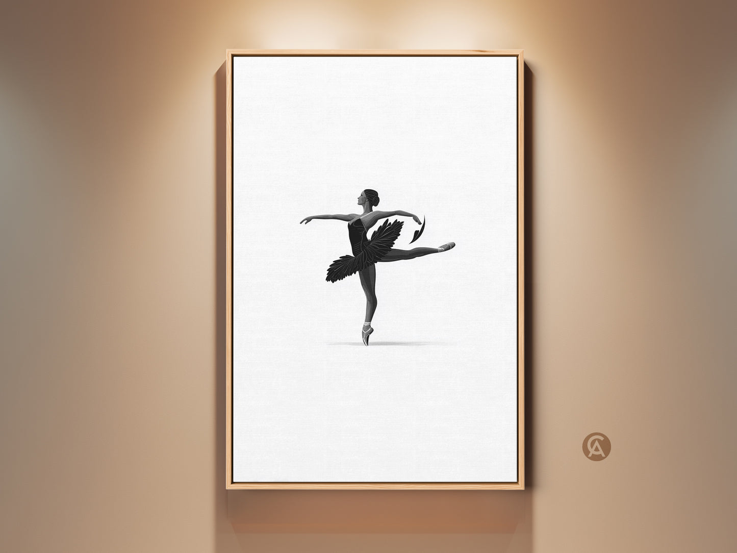 Monochrome dancer art print in a frame showcases minimalist ballet wall art. The black and white ballerina canvas adds elegant bedroom decor. This contemporary artwork is a perfect gift for dance enthusiasts. The dancer's pose is graceful and refined.