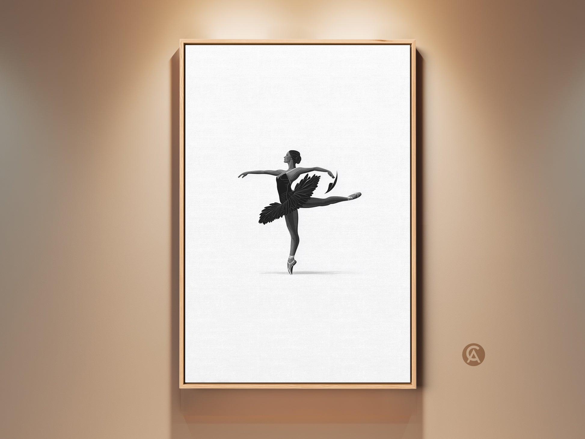 Monochrome dancer art print in a frame showcases minimalist ballet wall art. The black and white ballerina canvas adds elegant bedroom decor. This contemporary artwork is a perfect gift for dance enthusiasts. The dancer's pose is graceful and refined.