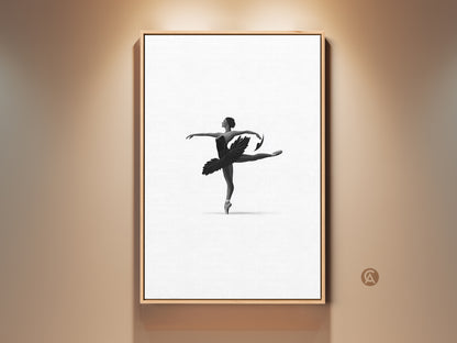 Monochrome dancer art print in a frame showcases minimalist ballet wall art. The black and white ballerina canvas adds elegant bedroom decor. This contemporary artwork is a perfect gift for dance enthusiasts. The dancer's pose is graceful and refined.