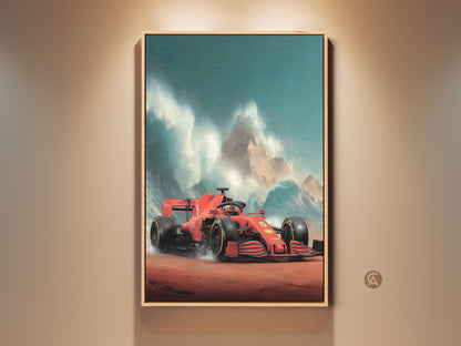 Experience the thrill of Formula 1 with this dynamic canvas artwork. A red F1 race car speeds across a muted landscape. The mountain backdrop and teal sky add depth. This motorsport print brings high-speed energy to any space. A perfect gift for racing fans and car enthusiasts. Enhance your office decor with this captivating F1 artwork.