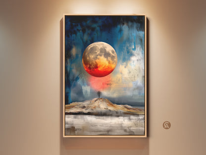 Framed textured abstract moon art print adds celestial charm to any room. The red orange landscape canvas wall art features a striking moon and tree silhouette. Perfect space painting for bedroom or office decor it makes a thoughtful housewarming gift.