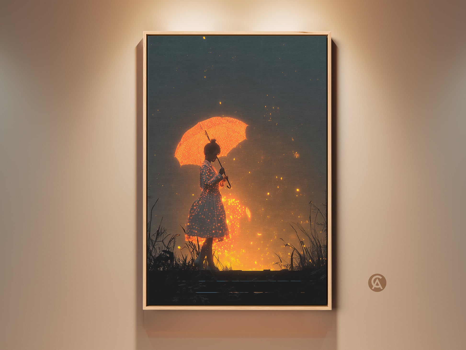 Framed surrealism art print of a girl with an orange umbrella. This fantasy digital artwork has sparkling lights. This dreamer gift features primary orange and yellow hues with dark grey accents. It is perfect for eclectic home decor art.