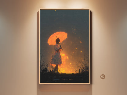 Framed surrealism art print of a girl with an orange umbrella. This fantasy digital artwork has sparkling lights. This dreamer gift features primary orange and yellow hues with dark grey accents. It is perfect for eclectic home decor art.