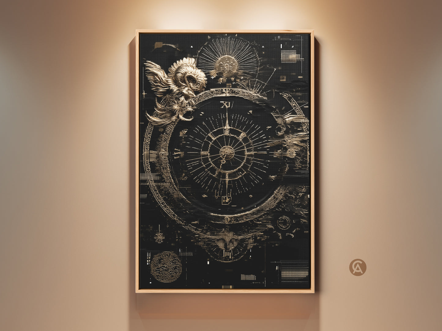 Framed Ram Compass Abstract Canvas Art in a study room setting. This Esoteric Steampunk Astrology Wall Decor features a black and gold art print. Add timeless intrigue to any space.