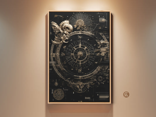 Framed Ram Compass Abstract Canvas Art in a study room setting. This Esoteric Steampunk Astrology Wall Decor features a black and gold art print. Add timeless intrigue to any space.