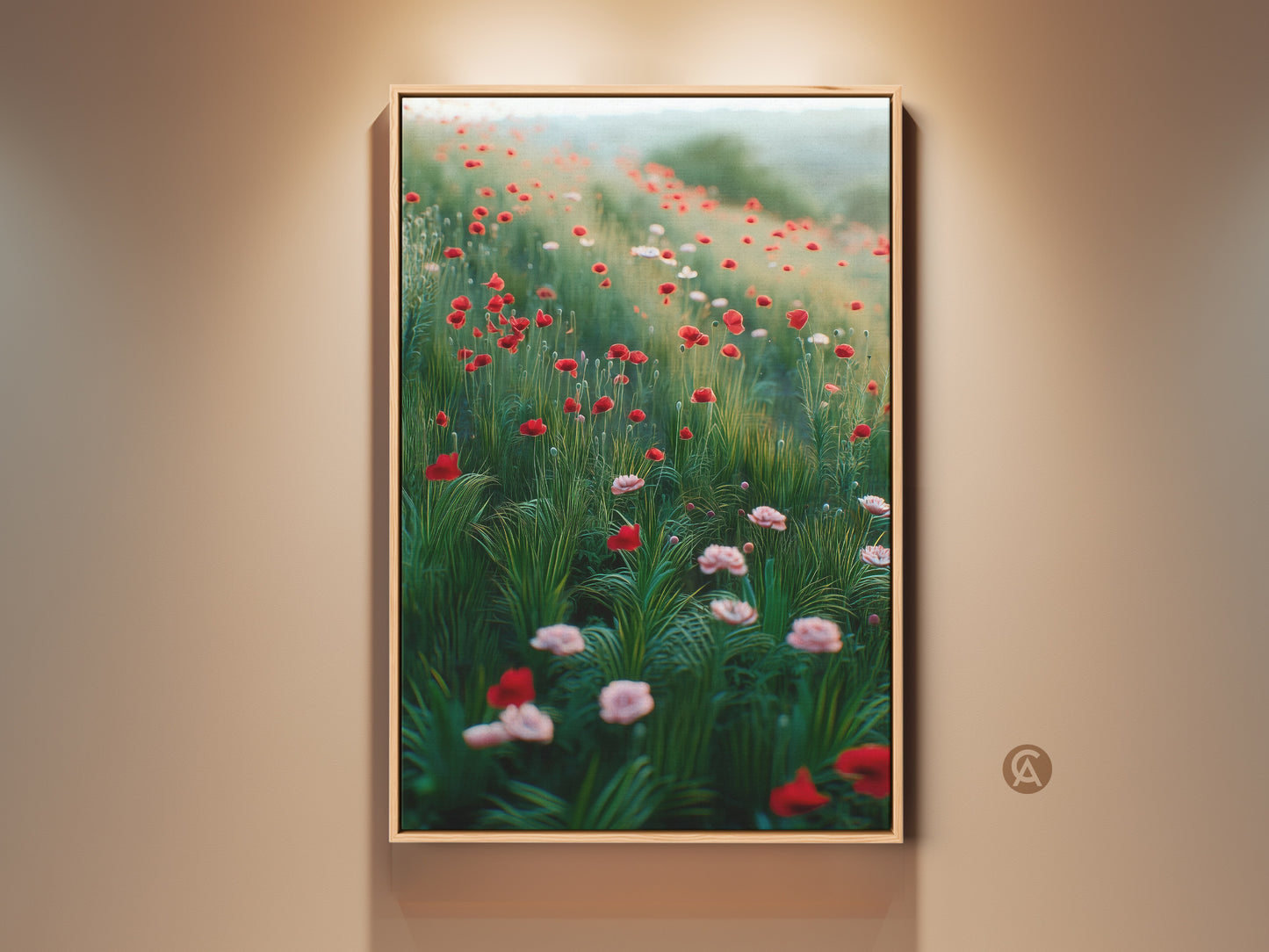 Red Poppy art print in a wood frame. This boho floral wall art features wildflowers. It's an impressionistic nature landscape. Perfect bedroom decor. This vibrant art brings a touch of nature and elegance to any space.