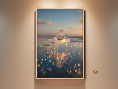 Framed artwork featuring a crystal piano on a reflective beach. The sunset creates a magical atmosphere. The frame enhances the art piece adding a touch of elegance. This piano art is perfect for music lovers. It brings a serene coastal vibe to any room. Shop now and elevate your home decor.