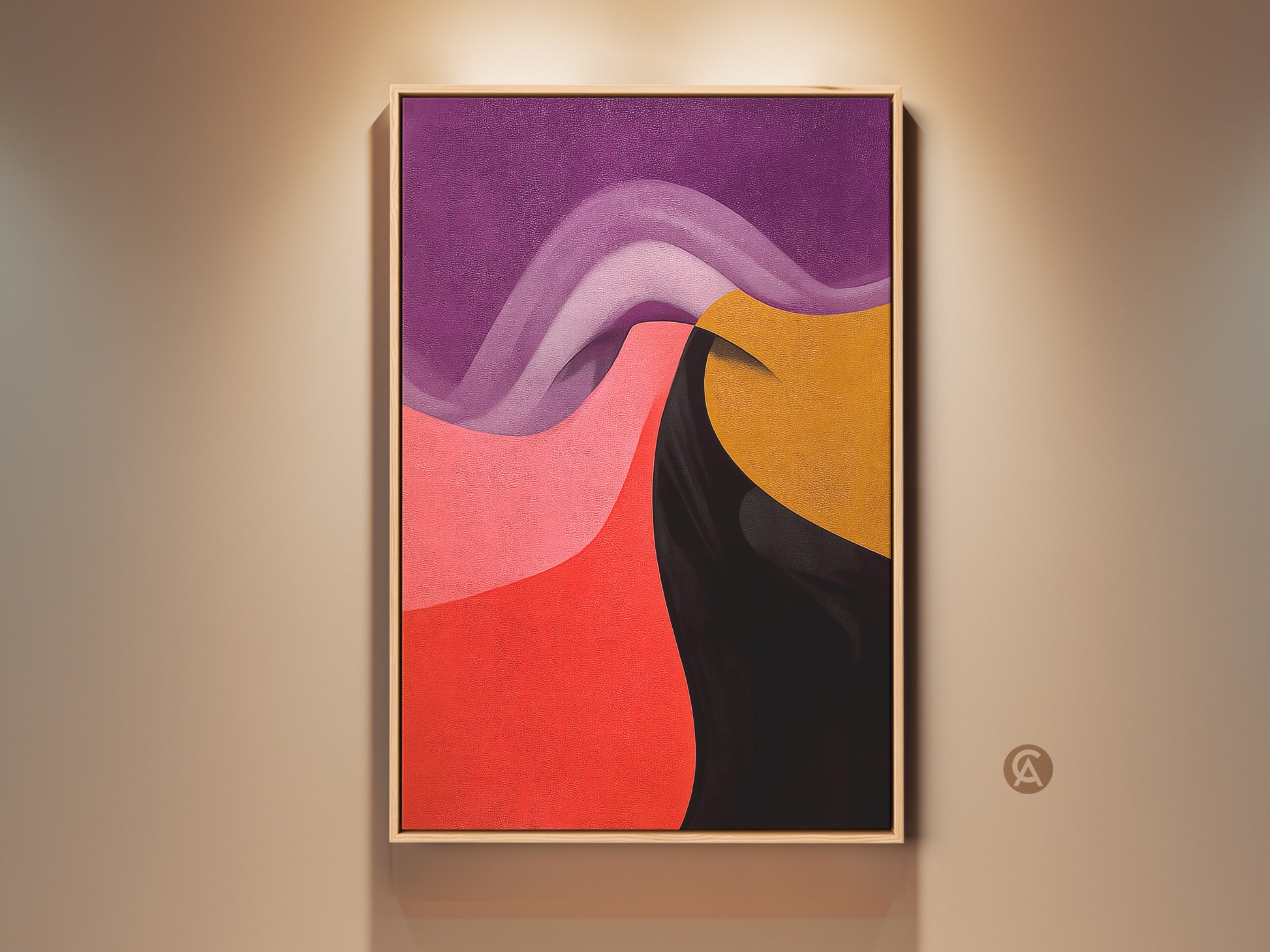 Modern abstract wall art on display. This geometric artwork features swirls in purple pink red and gold. See how this canvas print elevates bedroom decor. Perfect unique housewarming gift.