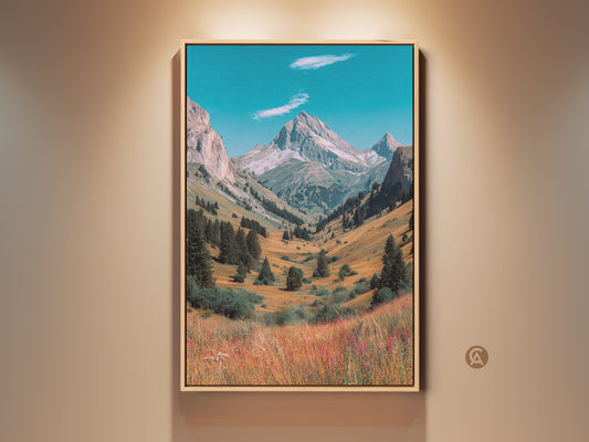 Framed canvas print of a mountain valley landscape. The artwork features a vibrant blue sky. Lush meadows and towering mountain peaks are also displayed. It is a stunning piece of landscape art.