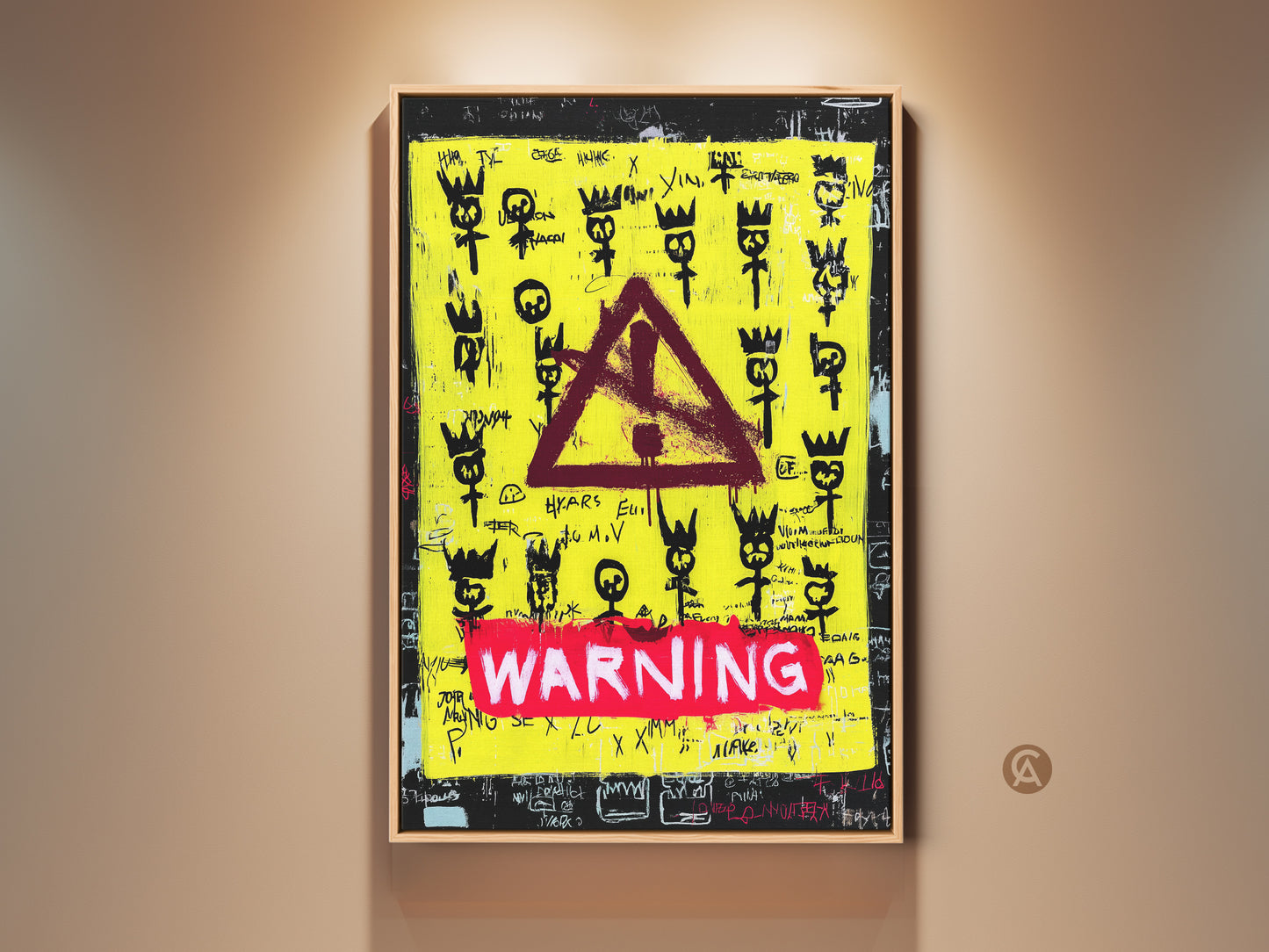 A vibrant yellow Urban Street Art Canvas Print with bold black graffiti figures. This neo-expressionism wall art features a red warning sign. It adds an edgy contemporary vibe to any space. This artwork is perfect as modern office wall art or for eclectic home decor. A unique housewarming art gift for art collectors.