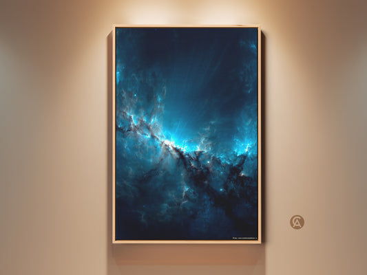 Framed nebula canvas artwork. This captivating piece features a breathtaking blue nebula. The artwork is framed and ready to hang. Perfect for adding cosmic beauty to any wall decor.