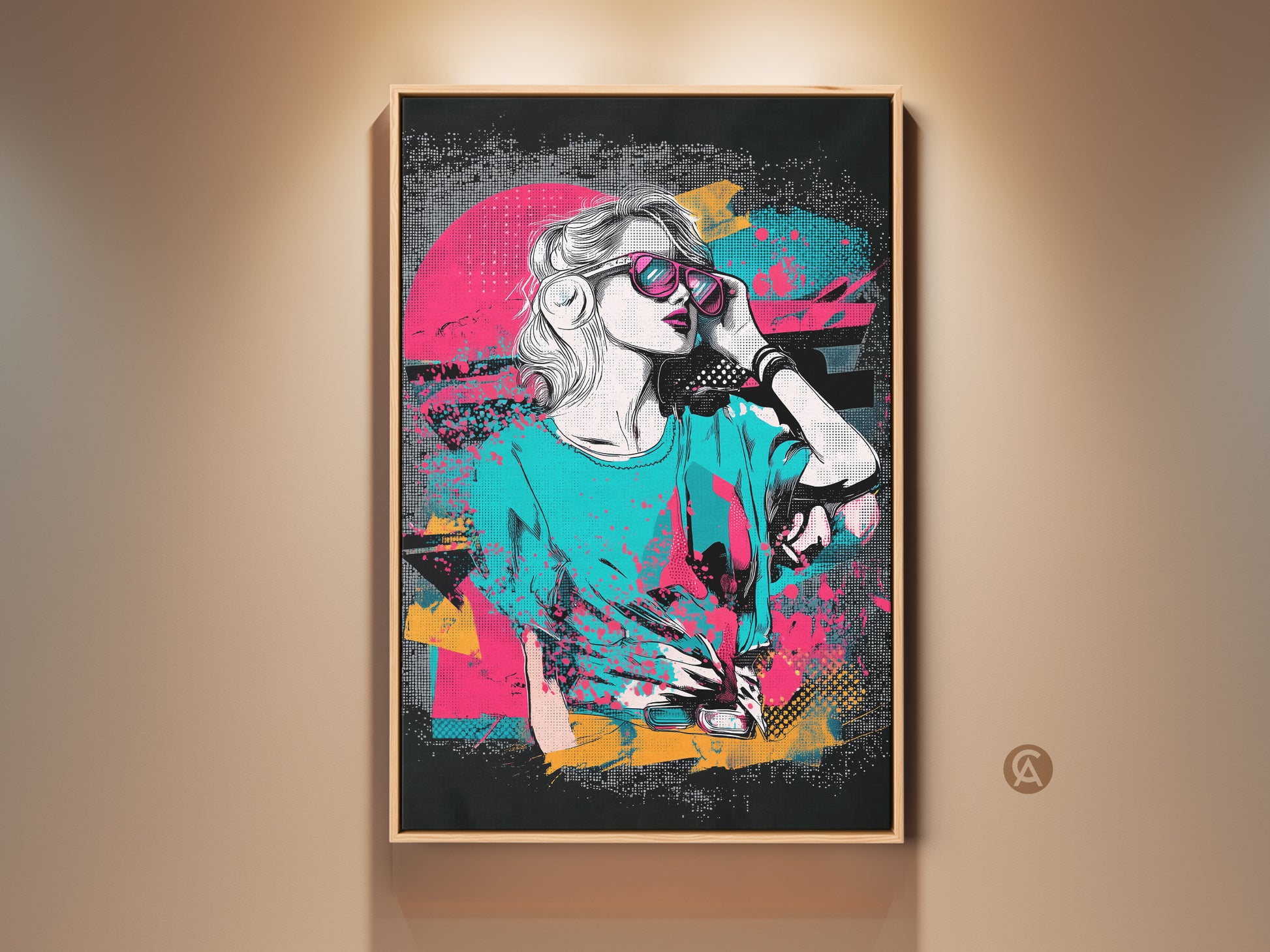 Framed Pop Art Print of a Woman with Sunglasses. Retro synthwave style artwork adds an eclectic touch. Pink teal yellow color palette creates a vibrant 80s aesthetic. Perfect for a music lover's space this unique wall hanging brings personality and color to any room.