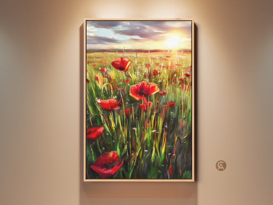 Framed impressionist poppy field art print. Red floral landscape canvas creates a serene atmosphere. Perfect boho wall decor for garden lovers. The sunset adds warmth to this nature inspired artwork. A great gift for adding a touch of summer to any room.