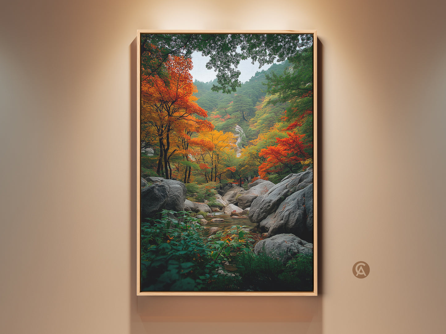 Autumn forest landscape artwork. The vibrant fall foliage art showcases nature's beauty. This picturesque scene features trees with orange and red leaves. A stream flows through rocks adding tranquility. Perfect framed art for nature lovers. Shop now!