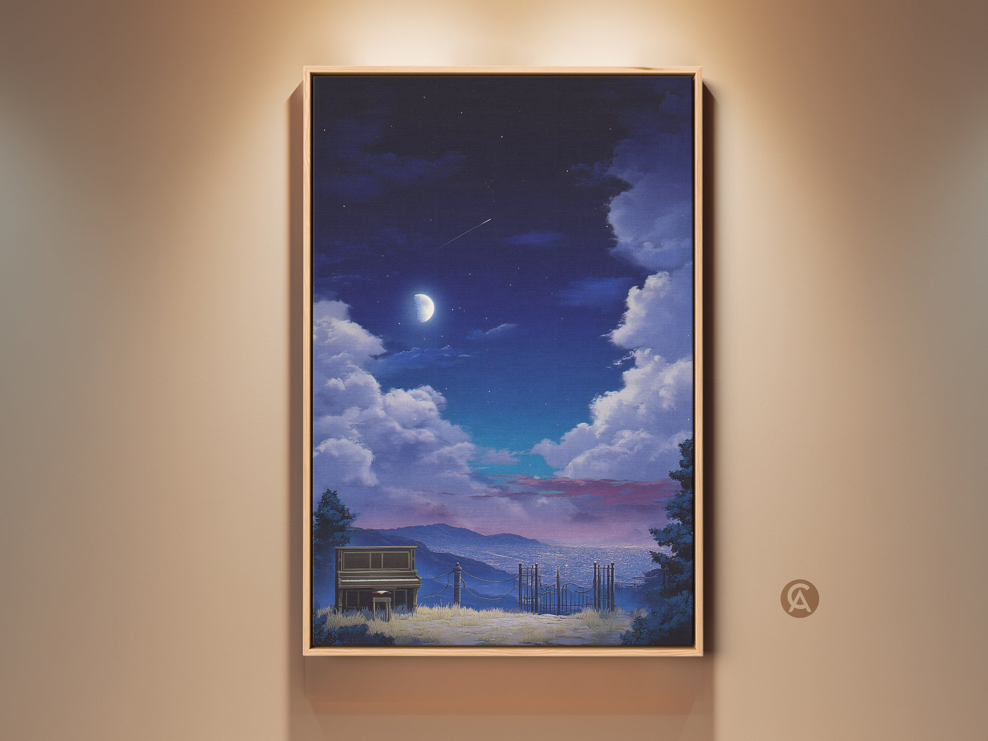 Surreal Indigo Moon Piano Canvas Art. This framed artwork features a dreamy night sky with a moon. A piano sits in a landscape below. Perfect eclectic wall decor for music lovers. A tranquil and unique housewarming gift.