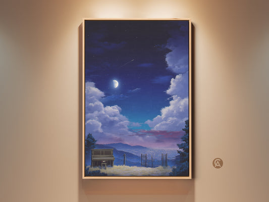 Surreal Indigo Moon Piano Canvas Art. This framed artwork features a dreamy night sky with a moon. A piano sits in a landscape below. Perfect eclectic wall decor for music lovers. A tranquil and unique housewarming gift.