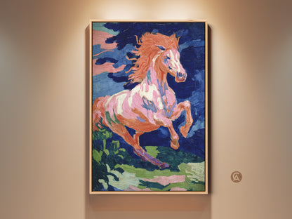 Expressive horse canvas print on a wall. The artwork features vibrant orange pink and blue tones. This equestrian wall art adds a dynamic touch to eclectic home decor. It's a unique gift for horse lovers animal art for bedroom or living room spaces.