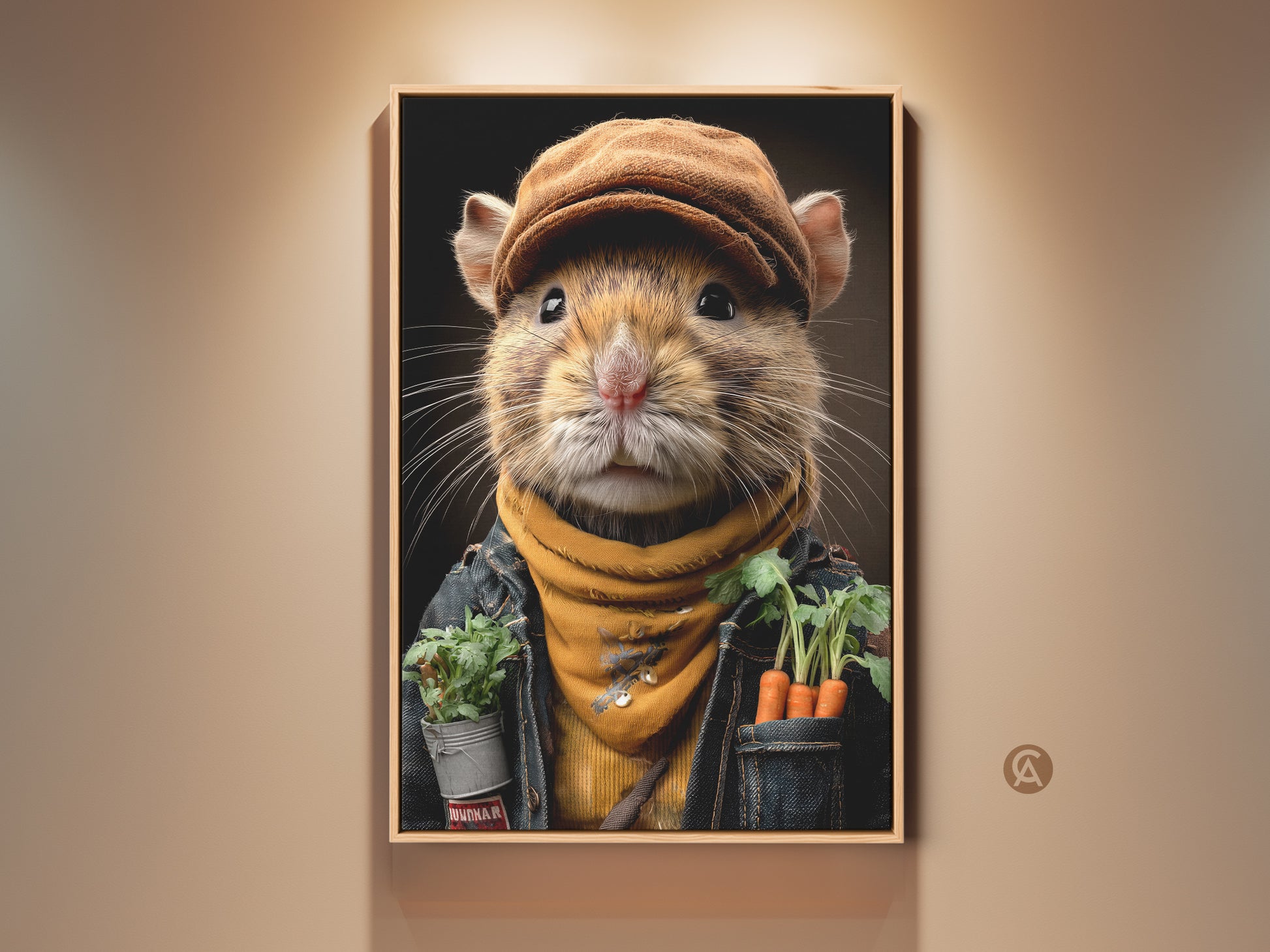 Realistic mouse portrait art print displayed in a wood frame. The charming artwork features a gardener mouse with carrots. The golden yellow and brown tones create cozy cottage decor. This is perfect eclectic wall decor for nature lovers and adds rustic charm to any room as a unique gift idea.