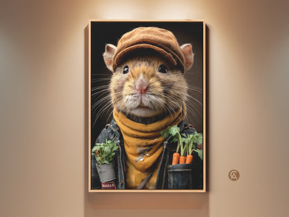 Realistic mouse portrait art print displayed in a wood frame. The charming artwork features a gardener mouse with carrots. The golden yellow and brown tones create cozy cottage decor. This is perfect eclectic wall decor for nature lovers and adds rustic charm to any room as a unique gift idea.