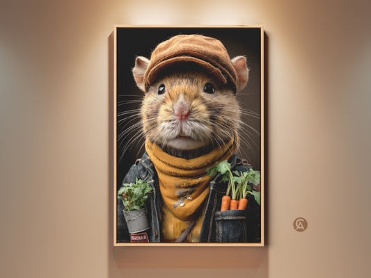 Realistic mouse portrait art print displayed in a wood frame. The charming artwork features a gardener mouse with carrots. The golden yellow and brown tones create cozy cottage decor. This is perfect eclectic wall decor for nature lovers and adds rustic charm to any room as a unique gift idea.