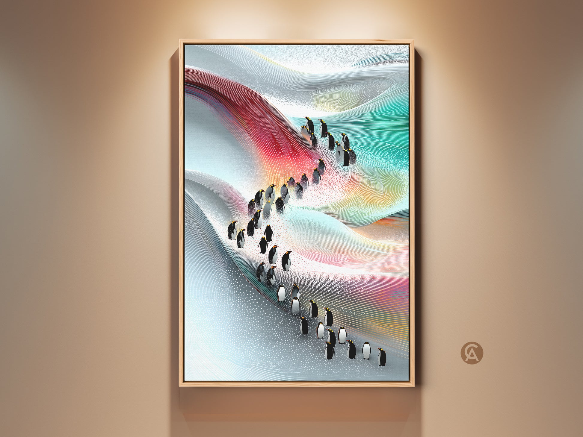 Framed penguin abstract wall art displayed in a well-lit hallway. The modern nature landscape canvas features a striking combination of red blue and teal tones. It is a contemporary print that serves as a unique housewarming gift adding a touch of elegance to the home.