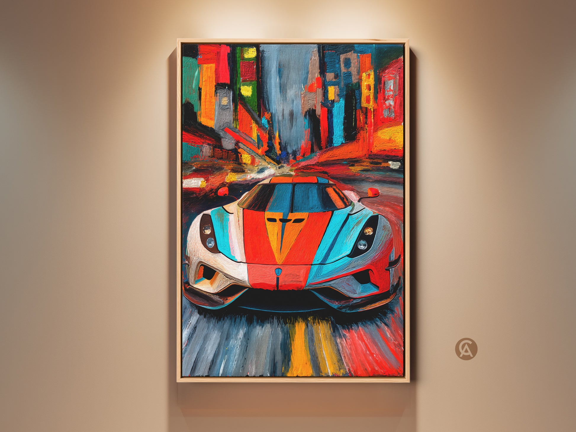 Framed abstract supercar art print displayed on a wall. This red blue and orange car canvas blends automotive passion with artistic expression. A modern cityscape wall art that enhances home office or man cave decor. Perfect F1 fan gift showcasing bold brushstroke artwork and a vibrant city art print.  A unique and colorful vehicle artwork.