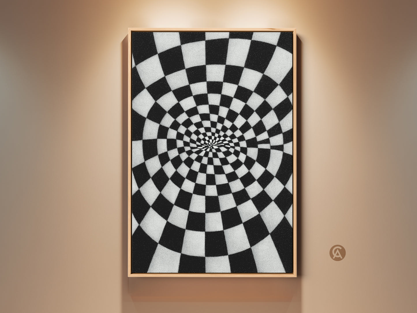 Framed Abstract Spiral Checkerboard Canvas artwork. A black and white Op Art Print. It is a geometric wall decor for a hallway. This contemporary gift idea is perfect for an office. The frame is a light wood color.