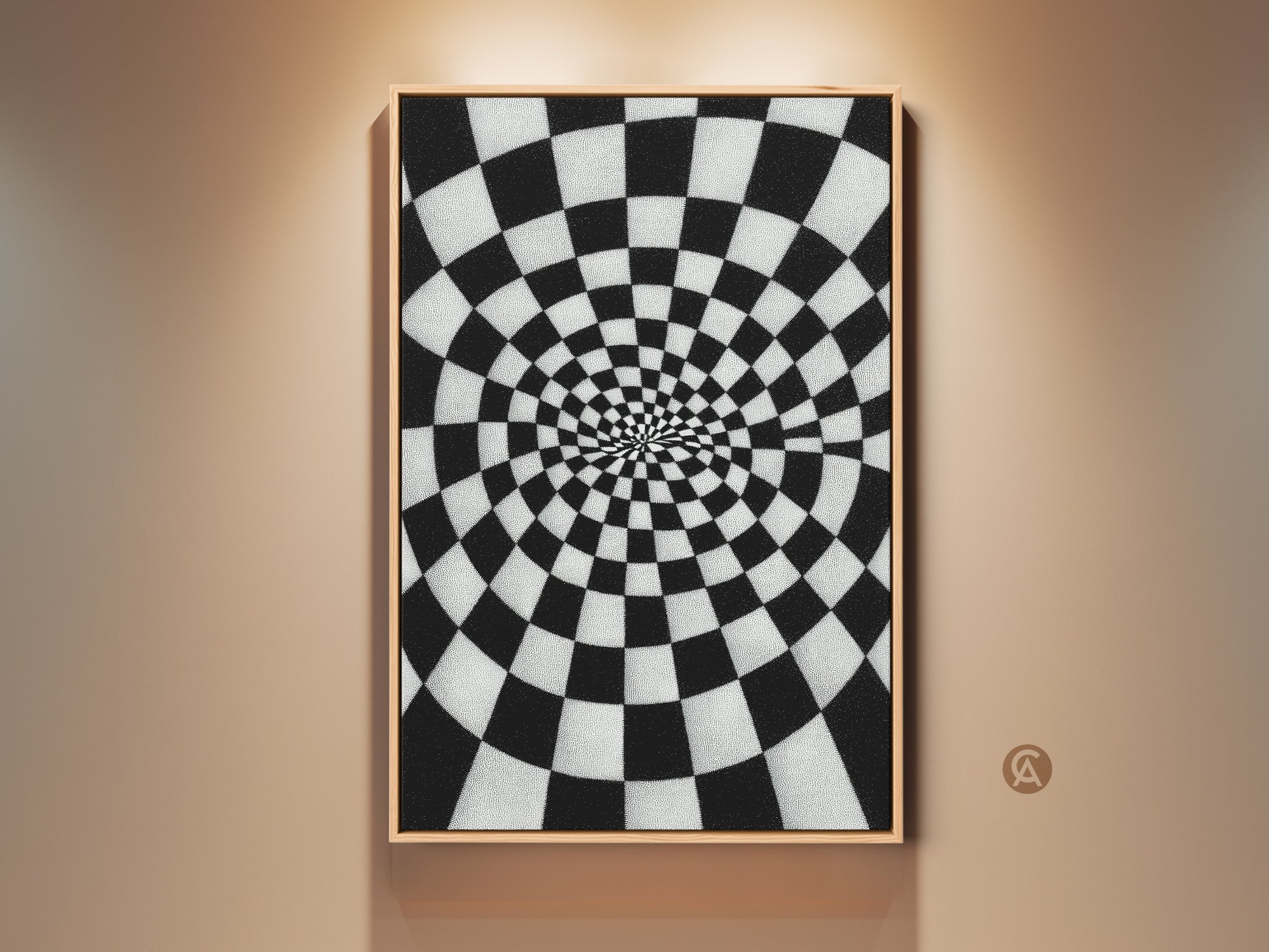 Framed Abstract Spiral Checkerboard Canvas artwork. A black and white Op Art Print. It is a geometric wall decor for a hallway. This contemporary gift idea is perfect for an office. The frame is a light wood color.