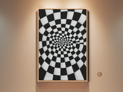 Framed Abstract Spiral Checkerboard Canvas artwork. A black and white Op Art Print. It is a geometric wall decor for a hallway. This contemporary gift idea is perfect for an office. The frame is a light wood color.