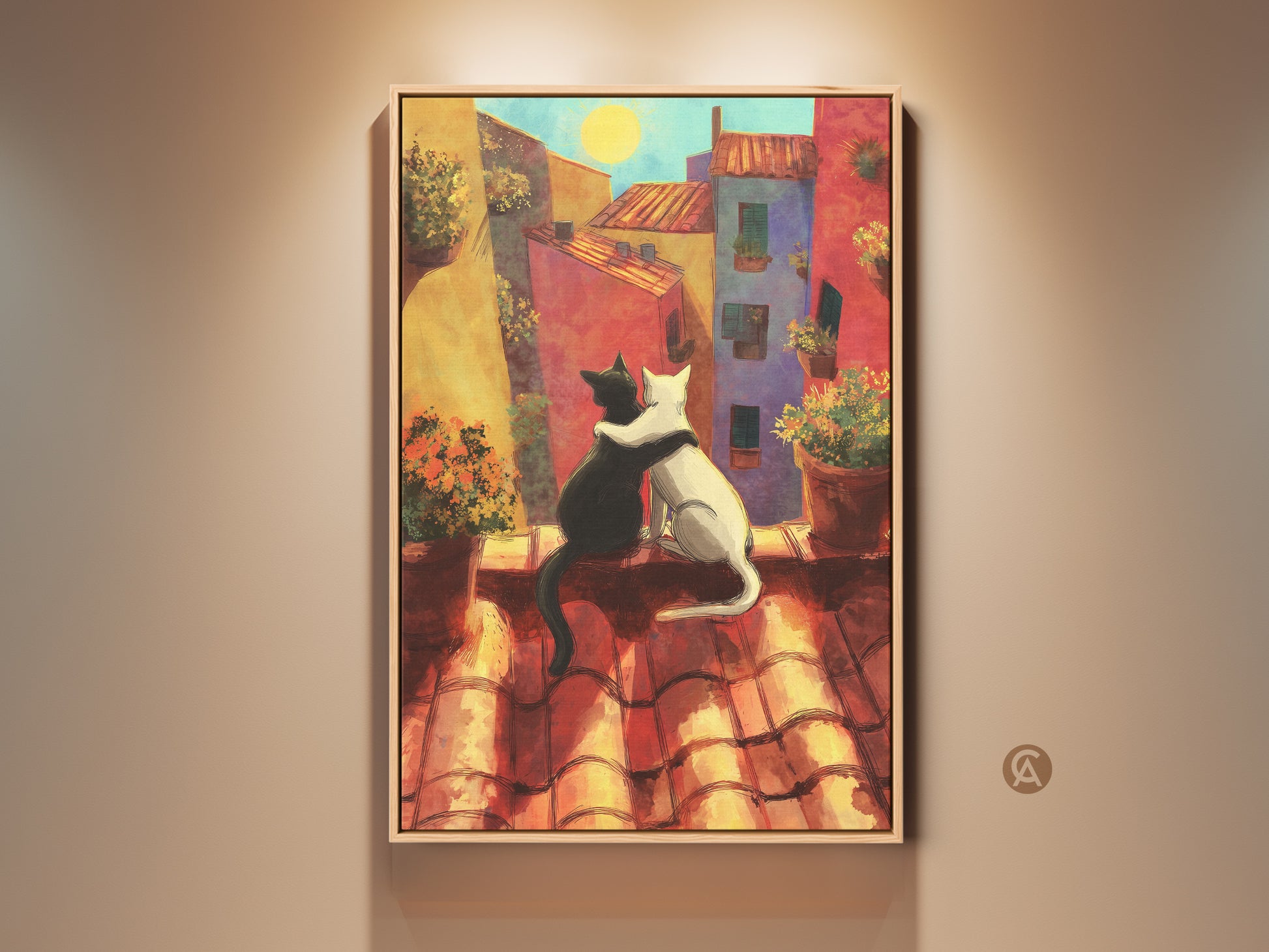 Romantic cat couple art print on canvas. Black and white cats embrace overlooking a vibrant orange cityscape. Boho folk art adds charm to any room. Perfect for cat lovers seeking cozy wall decor.