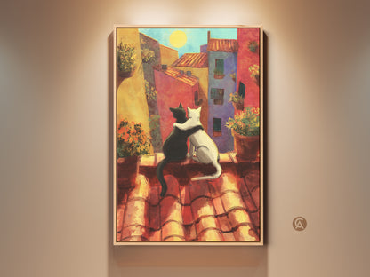 Romantic cat couple art print on canvas. Black and white cats embrace overlooking a vibrant orange cityscape. Boho folk art adds charm to any room. Perfect for cat lovers seeking cozy wall decor.