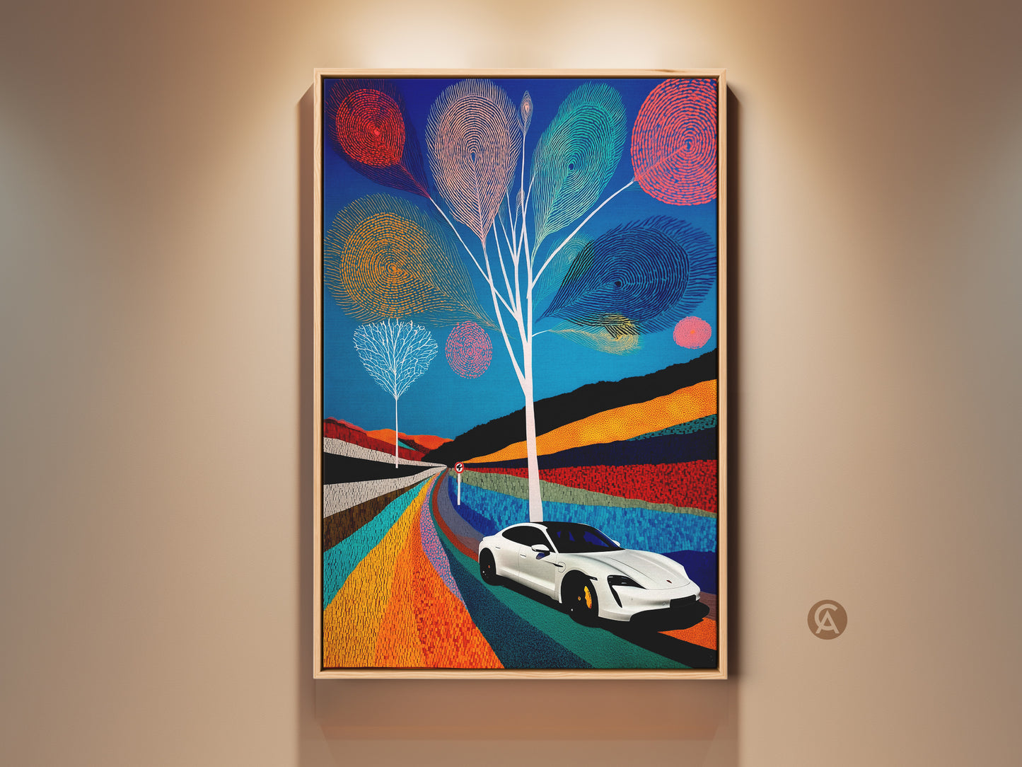 Modern folk art canvas print featuring an electric car driving through a vibrant road trip scene. Teal and orange hues create a contemporary abstract scenic painting for unique wall decor. Perfect automotive art print as a gift or stylish home accent.