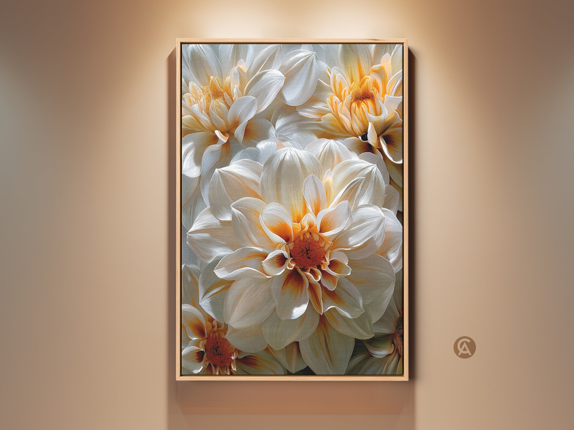 Framed floral wall art showcasing white and orange dahlia flowers. A modern artwork that enhances any space. The floating frame adds sophistication to the floral art. Perfect for living rooms and bedrooms.